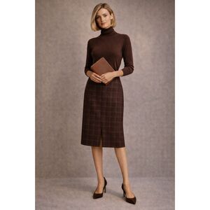 VTG - TALBOTS Chocolate Brown Windowpane Plaid Wool Pencil Skirt, Sz 12